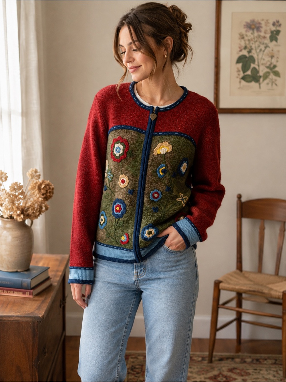 Vintage Koret Floral Embroidered Zip Cardigan Grannycore Cottagecore wool blend